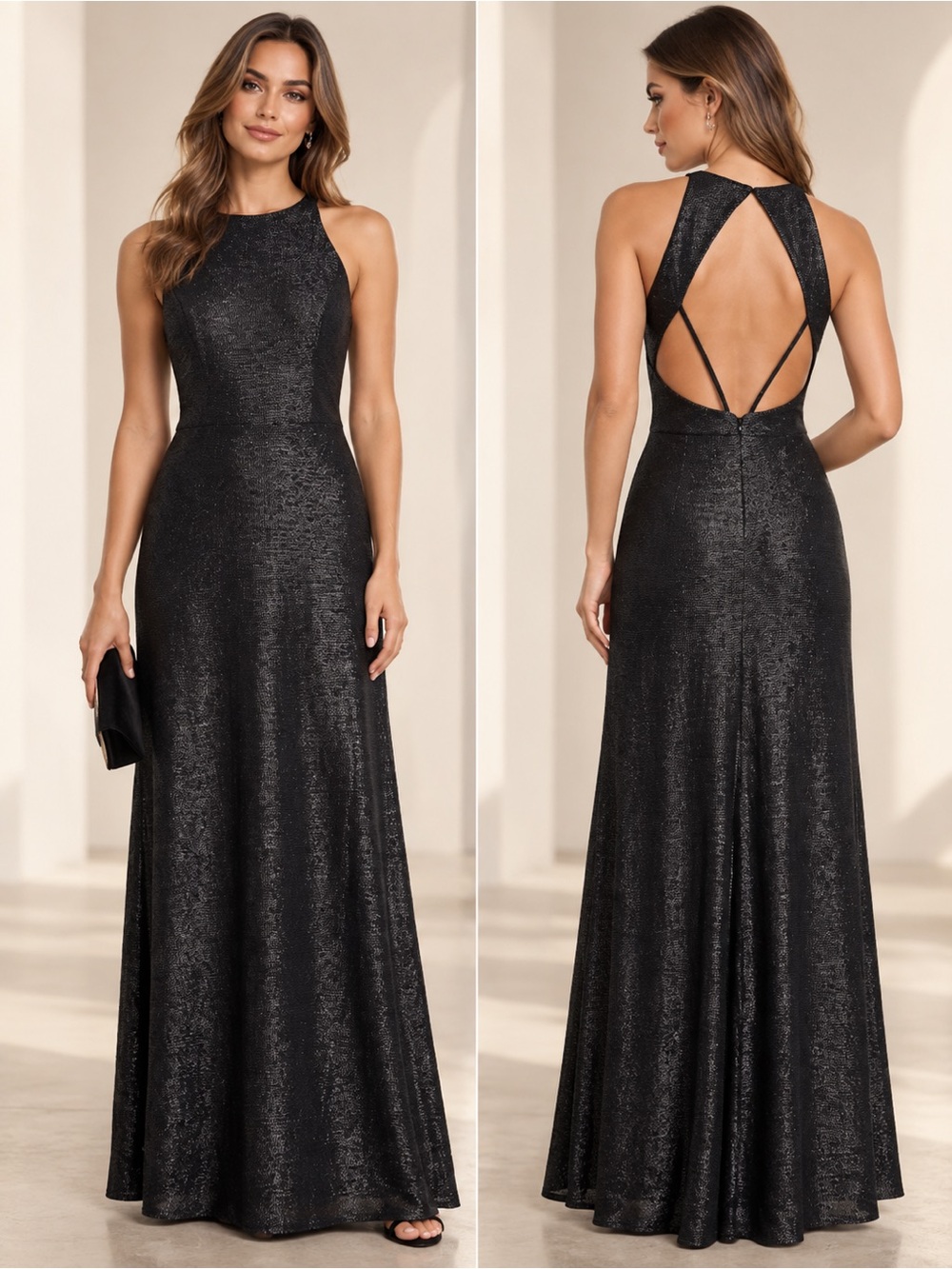 Hayley Paige Occasions 5967 Black Metallic Shimmer A-line Open Back Gown Size 10